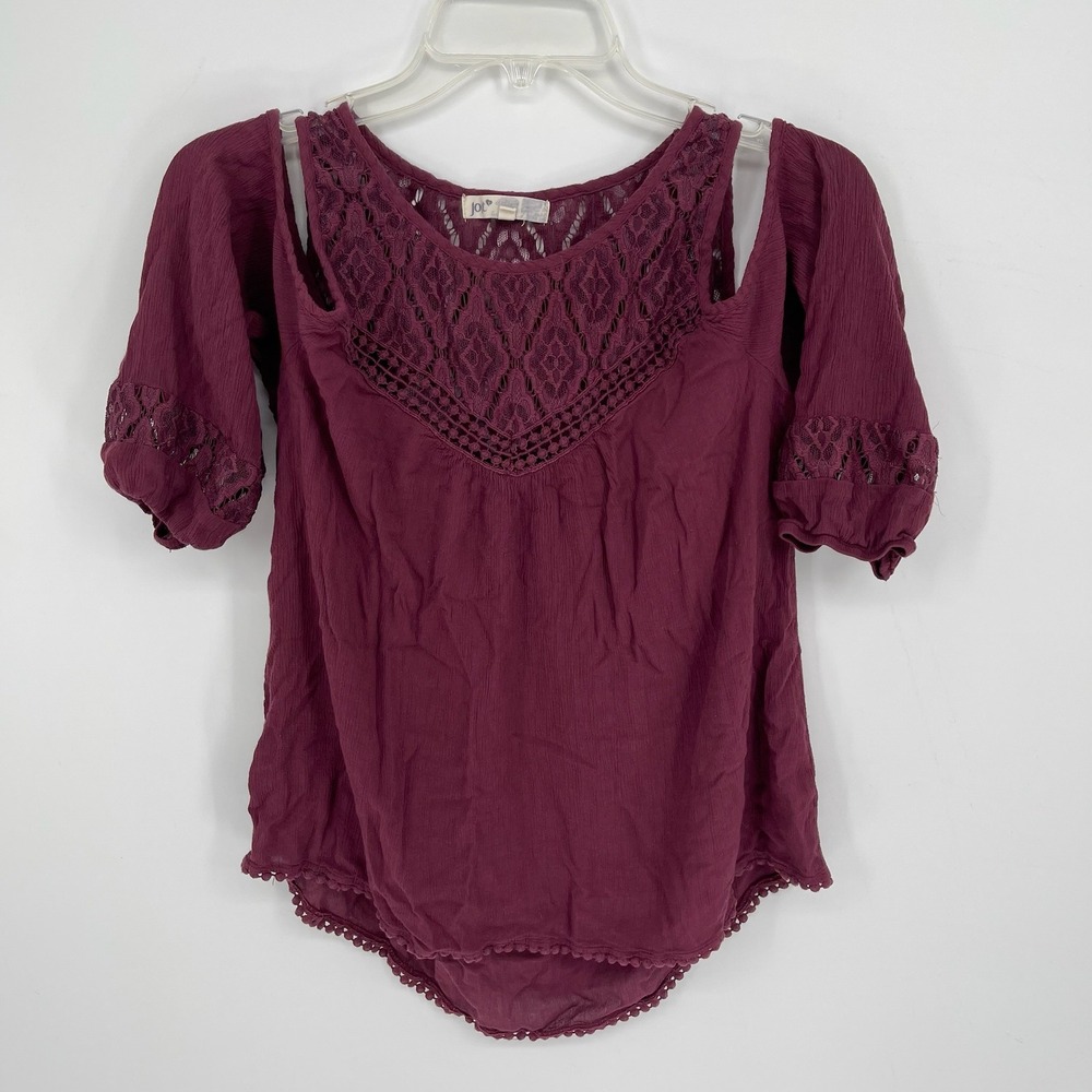 Jolt Women's Maroon Lace Yoke Cold Shoulder Pom Pom Trim Boho Top Blouse Size XL